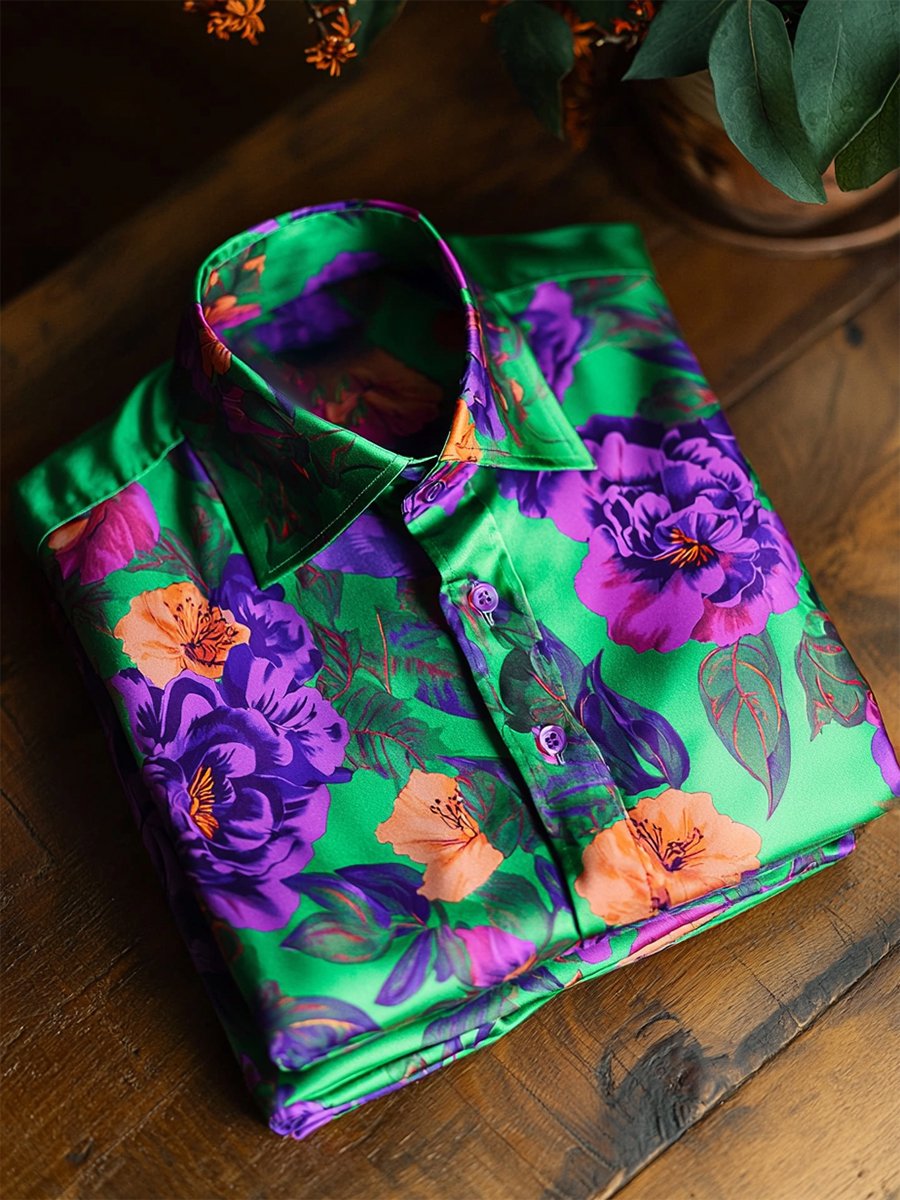 Men's Satin Luxe Hawaiian Print Short Sleeve Button Shirt