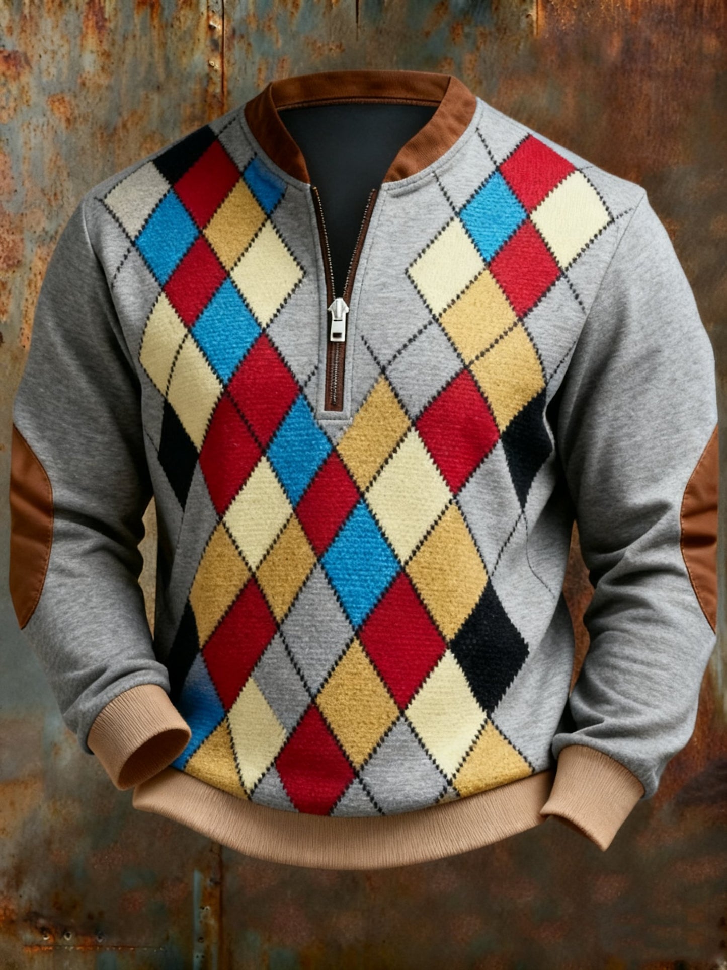 Diamond Patterned Geometric Print Zipper Sweatshirt