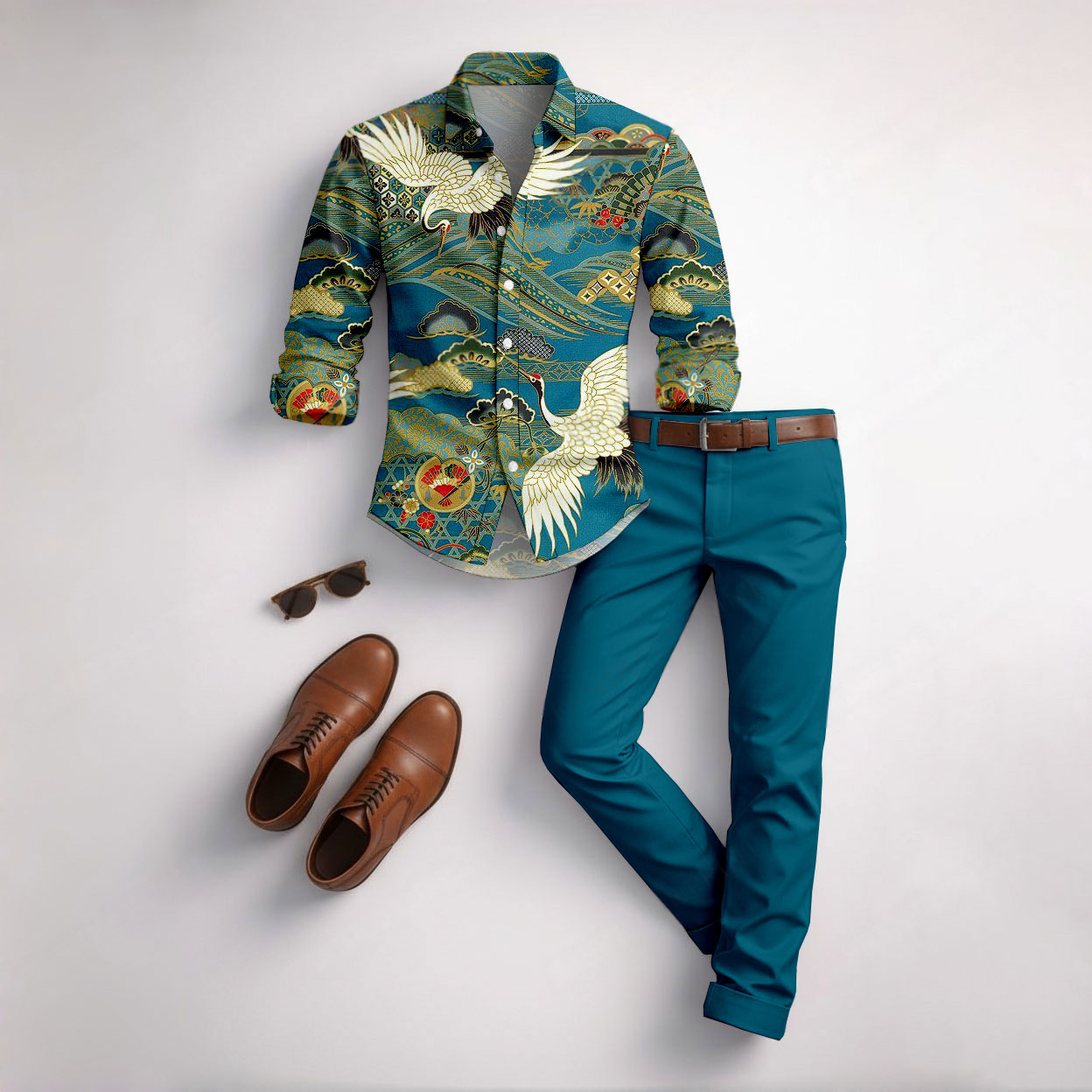Men's Casual Dark Green Crane Color Matching Geometric Printed Long Sleeved Shirt & Trousers Two-Piece Set
