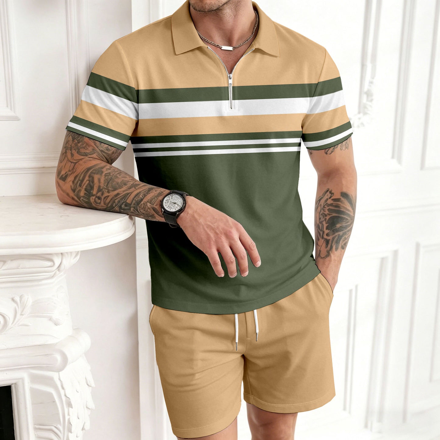 Men's Casual Brown & Green Geometric Color Matching Printed Short Sleeved Zipper Polo Shirt & Shorts Two-Piece Set