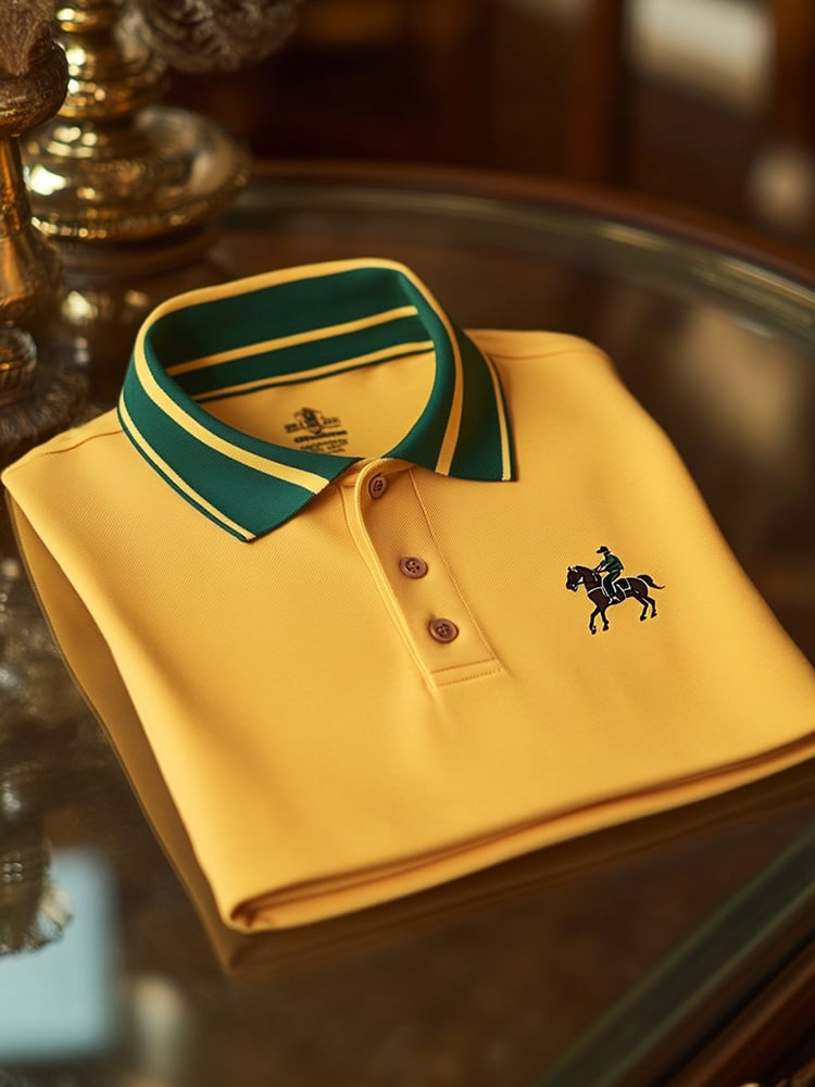 Men's Casual Yellow Logo Button Short Sleeve Polo Shirt