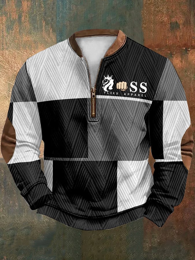 Men's Retro Lettering Design Zipper Neck Knit Sweatshirt