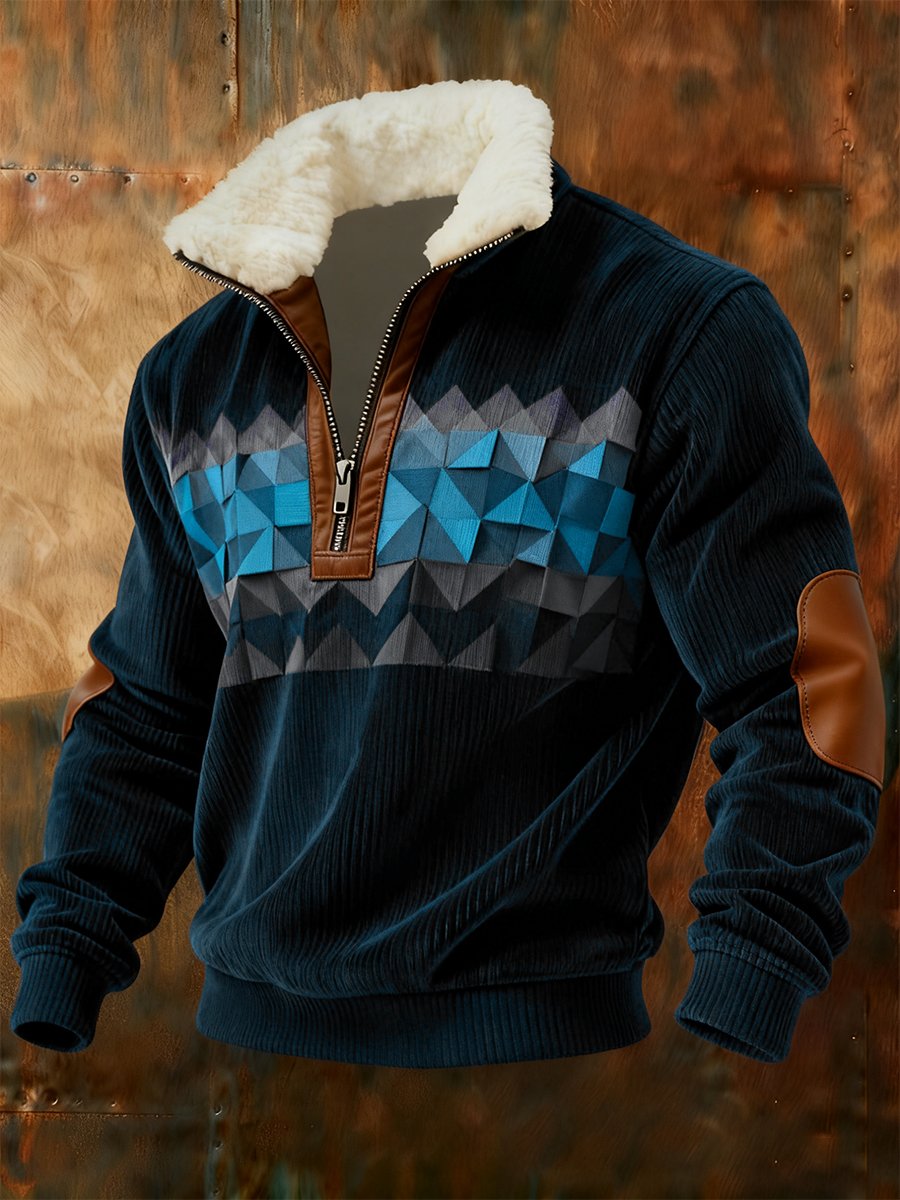 Men's Retro Geometric Quarter Zip Fleece Neck Sweatshirt