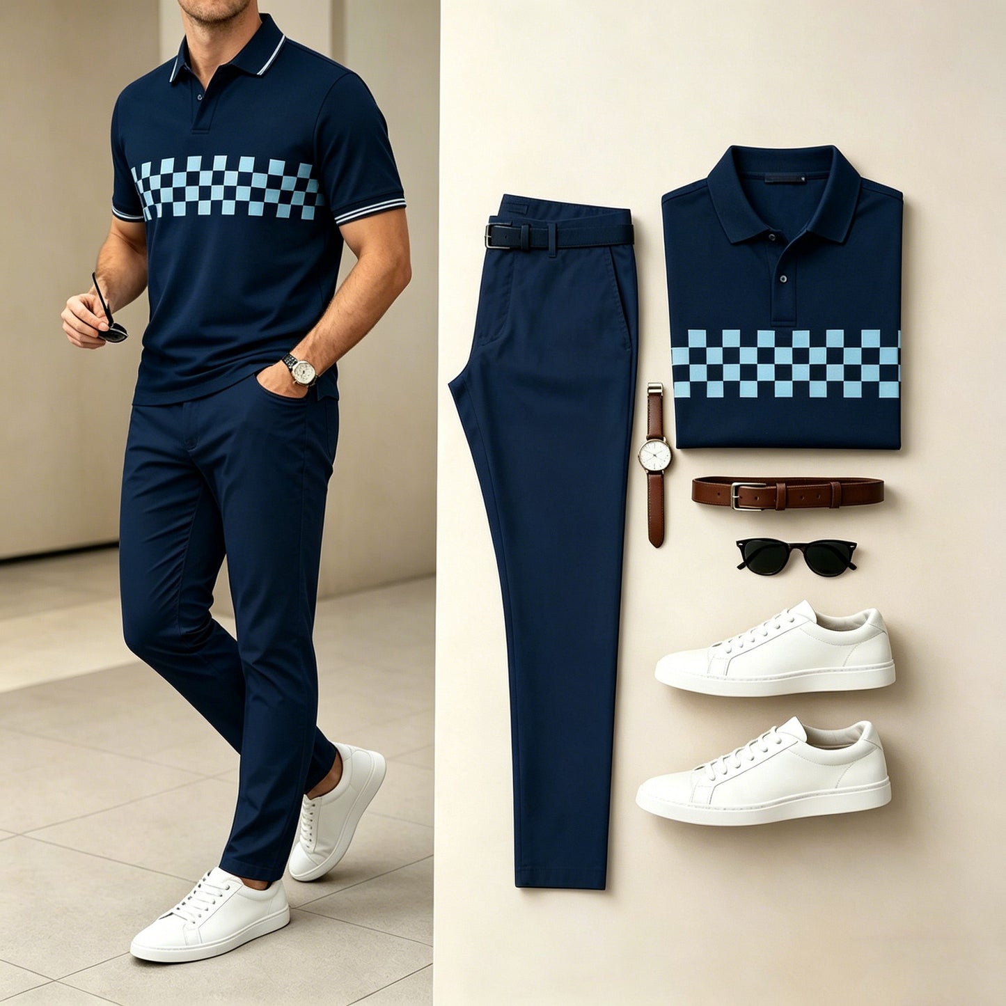 Men's Casual Navy Light Blue Checker Printed Polo Shirt & Navy Pants Two-Piece Set