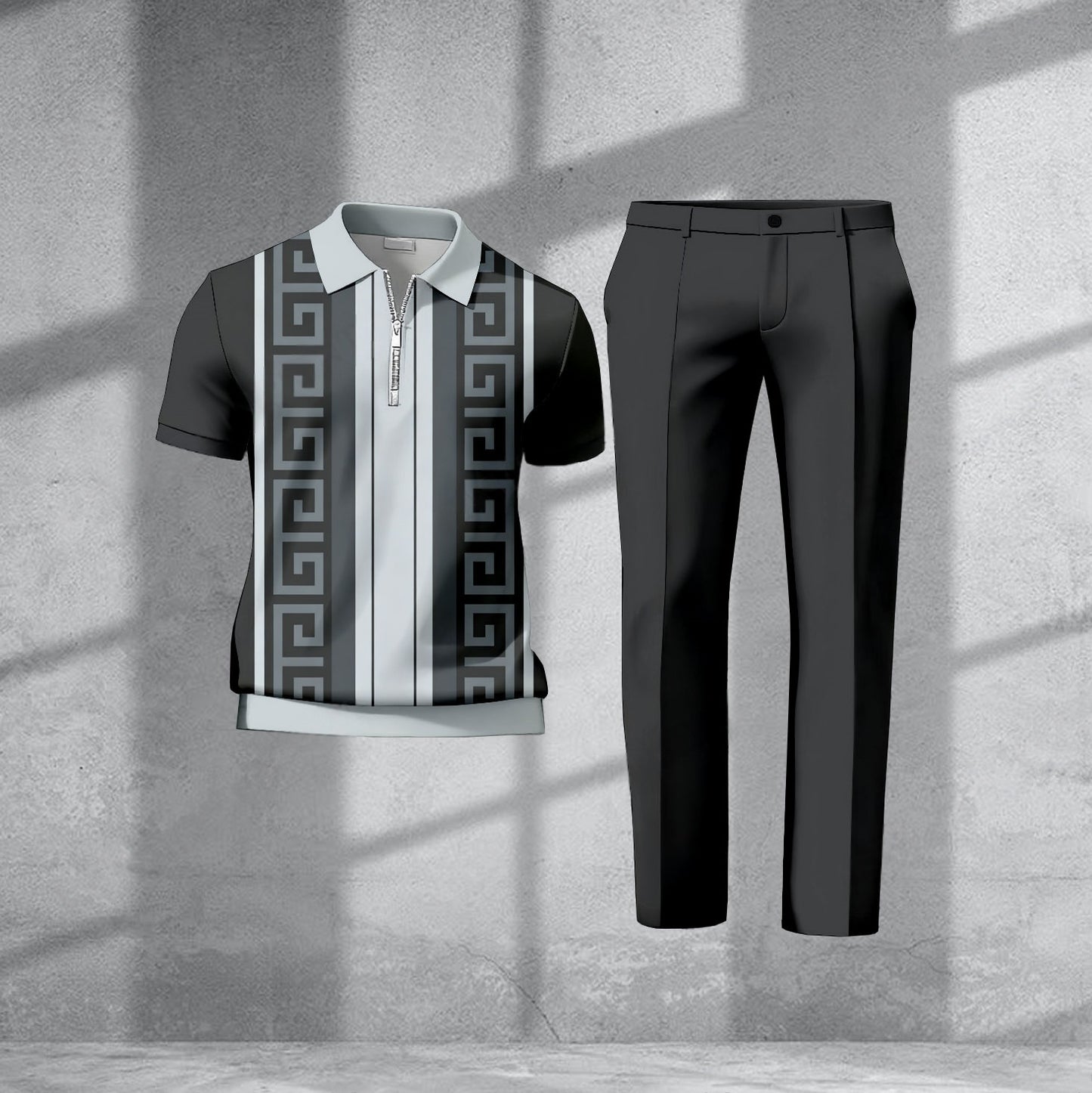 Men's Casual Black & Gray Stripe Printed Polo Short-Sleeve Zip-Up Top And Pants Two-Piece Set