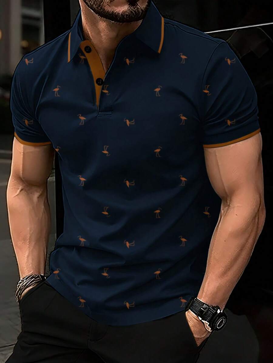Men's Bird Print Contrast Short Sleeve Polo Shirt