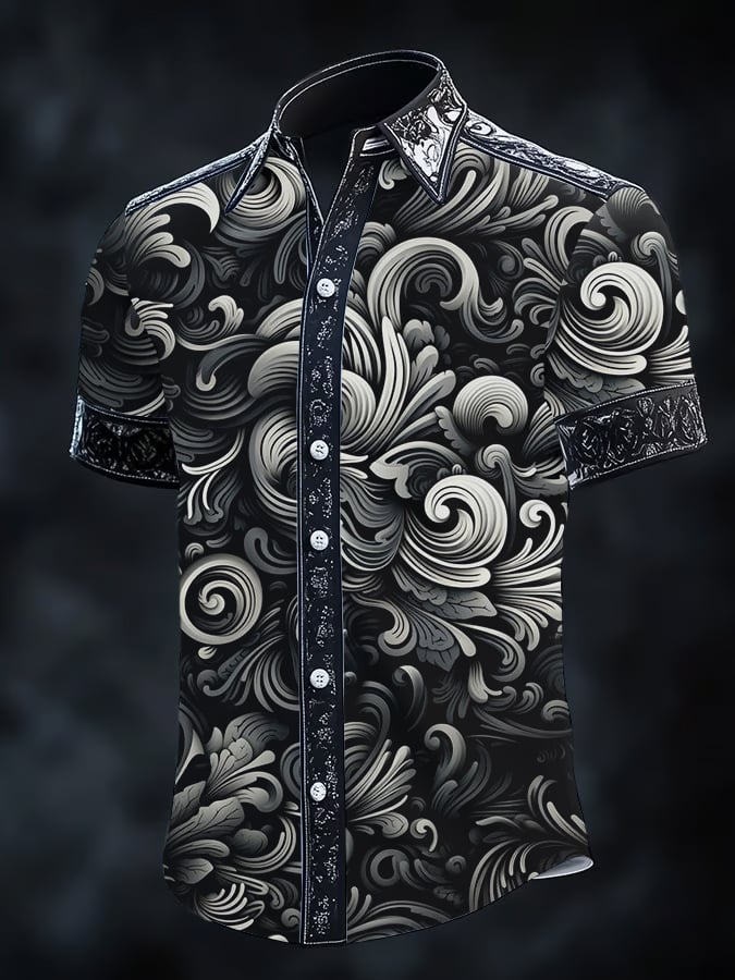 Men's Vintage Dark Baroque Print Short Sleeve Shirt