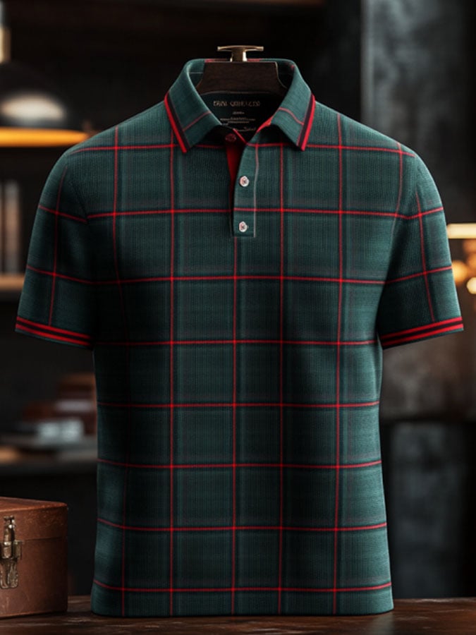 Men'S Casual Classic Plaid Print Business Short-Sleeved Polo Shirt