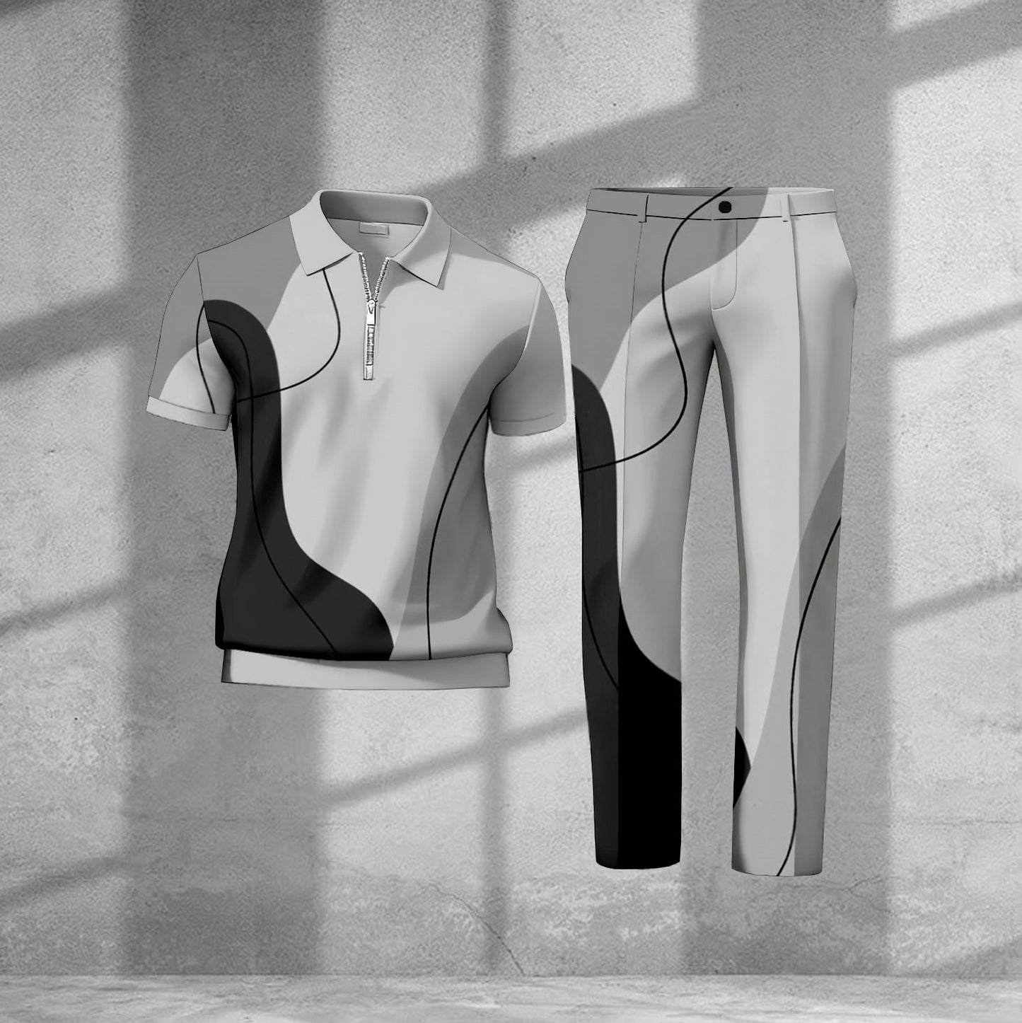Men's Casual Black & White Printed Polo Short-Sleeve Zip-Up Top And Pants Two-Piece Set