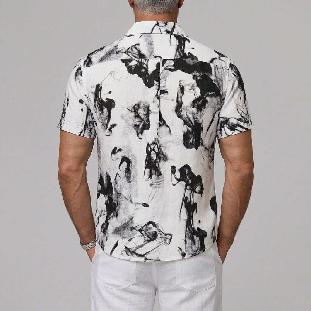 Men's Ink-wash Print Button Vacation Cuffed Edge Short Sleeve Shirt