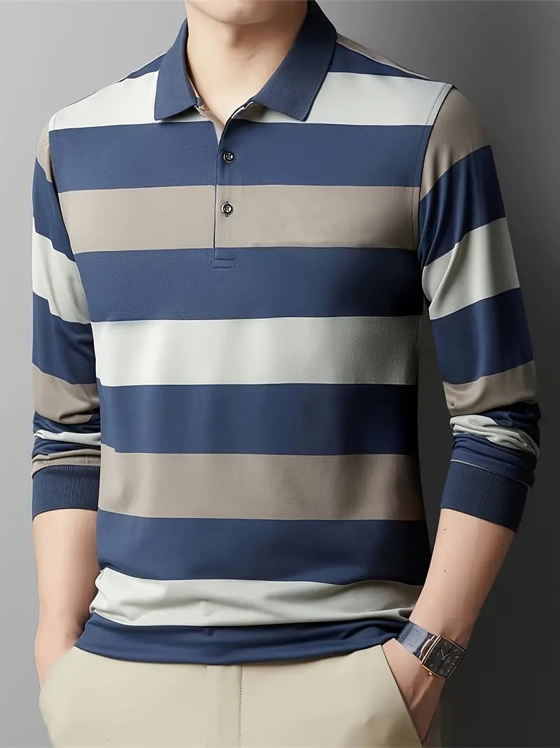 Men's Business Casual Striped Long-Sleeved Polo Shirt