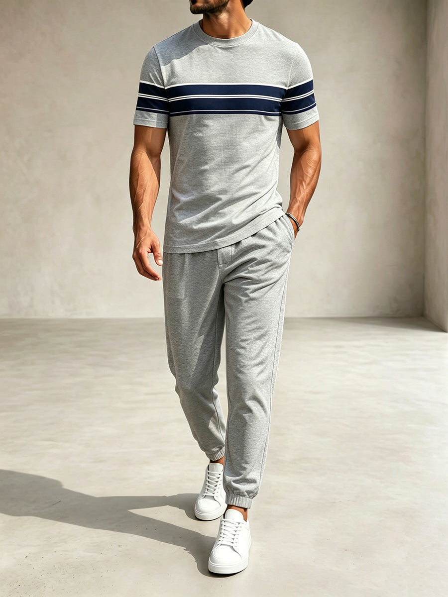 Men's Casual Gray & Royal Blue Color Matching Striped Printed Round Neck T-Shirt & Pants Two-Piece Set
