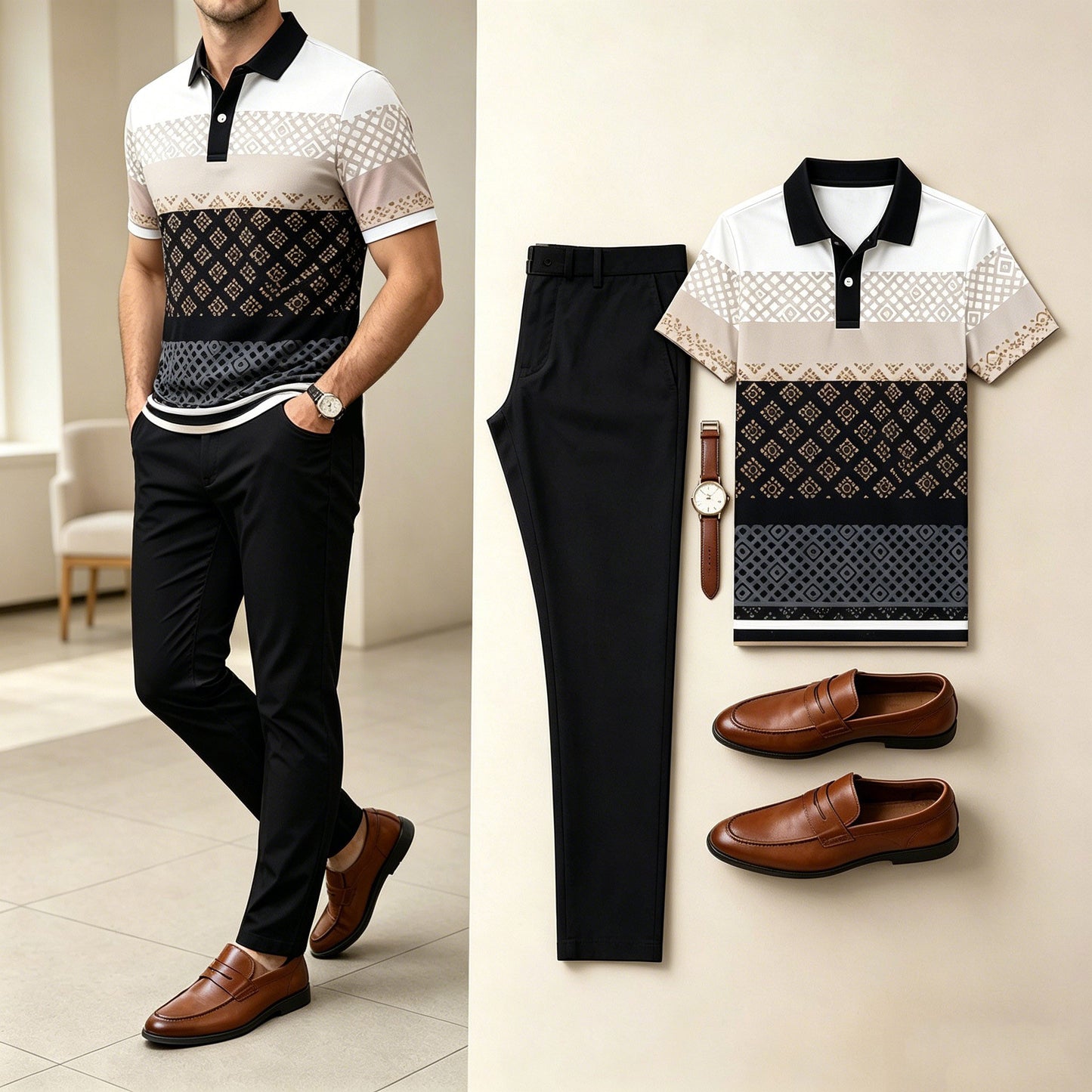 Men's Office Layered Diamond Plaid Color Block Polo Shirt And Wrinkle Free Pants Two-Piece Suit