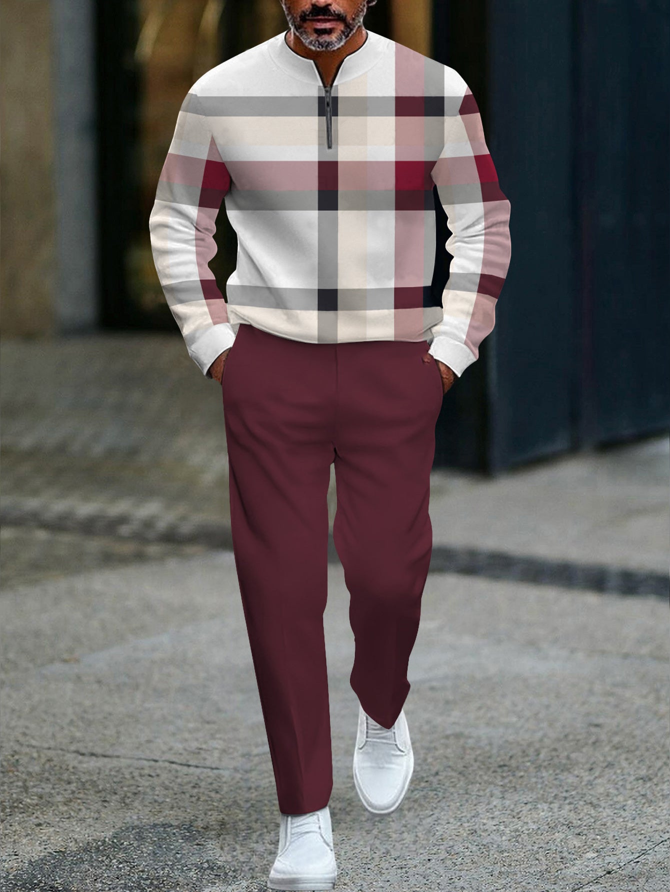 Men's Casual Color Matching Printed Round-Neck Zipper Long Sleeved Trousers Two-Piece Set