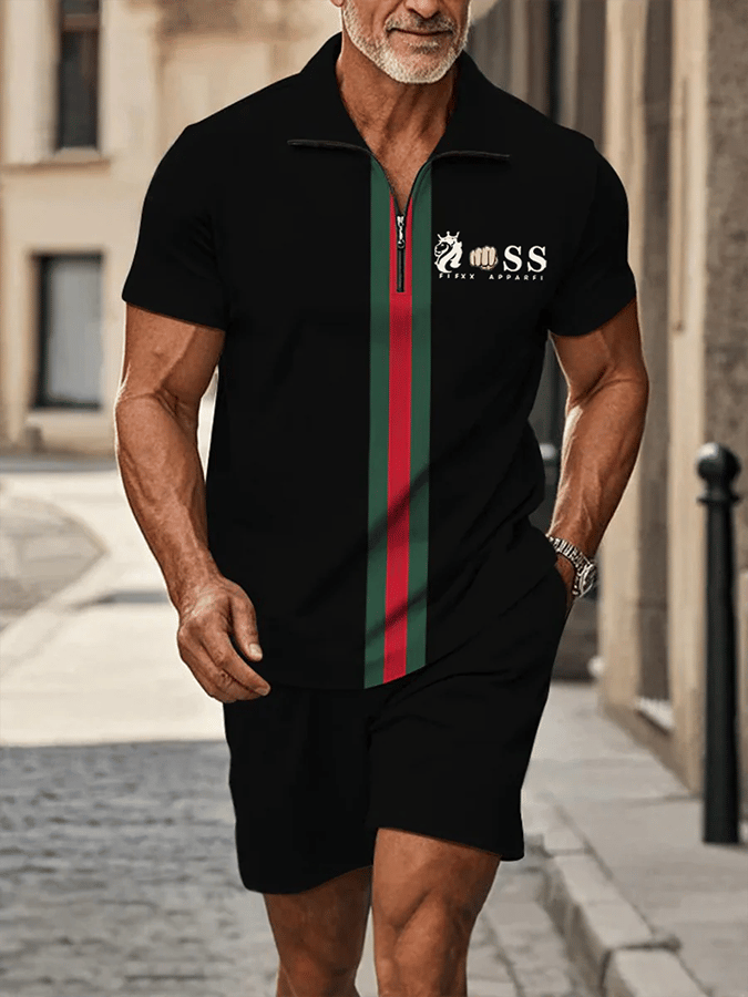 Men's Retro Letter Design Casual Business Short Sleeve Comfortable And Breathable Polo Shirt Suit