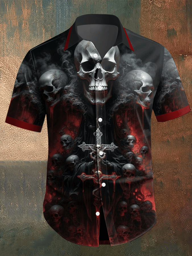 Men's Dark Skull Print Vintage Casual Shirt