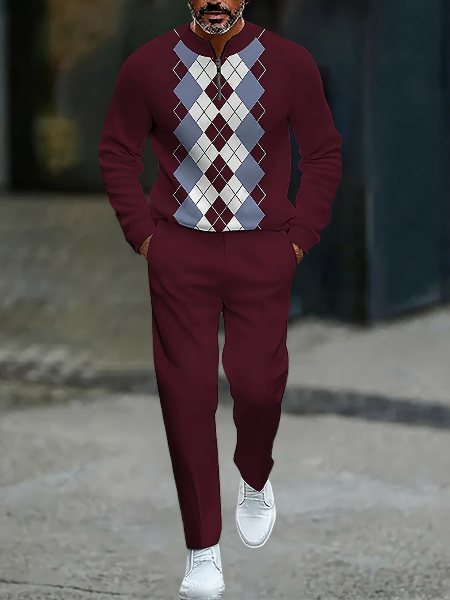 Men's Casual Maroon Color Matching Checked Printed Round-Neck Zipper Long Sleeved Trousers Two-Piece Set