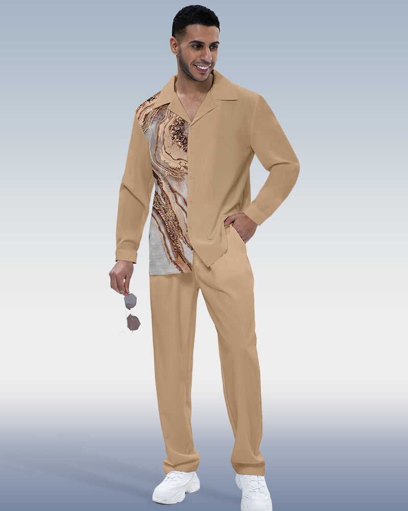 Suitmens Men's coffee patchwork long-sleeved shirt walking suit 3227