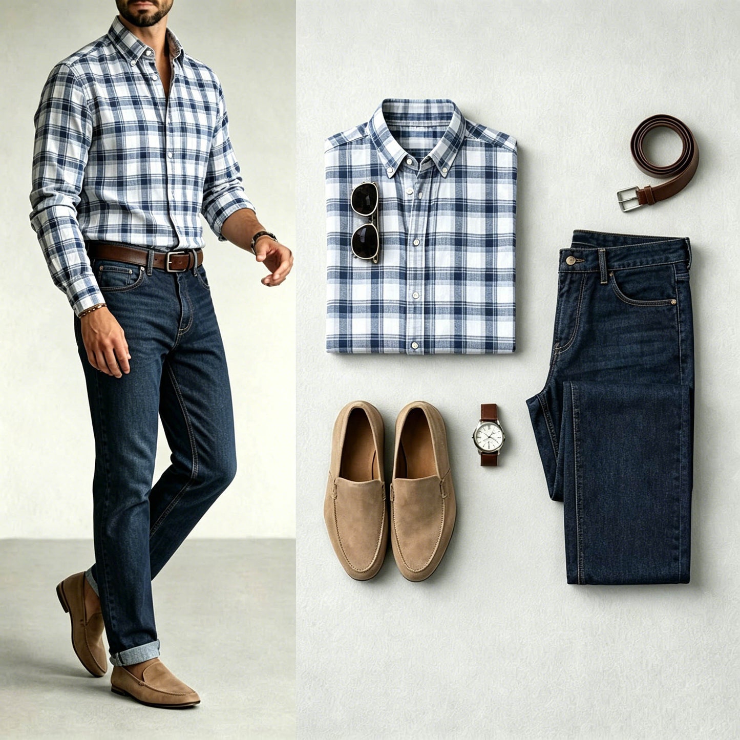 Men's Navy Blue & White Color Matching Retro Style Plaid Printed Lapel Collar Long Sleeves Shirt & Jeans Two-Piece Set