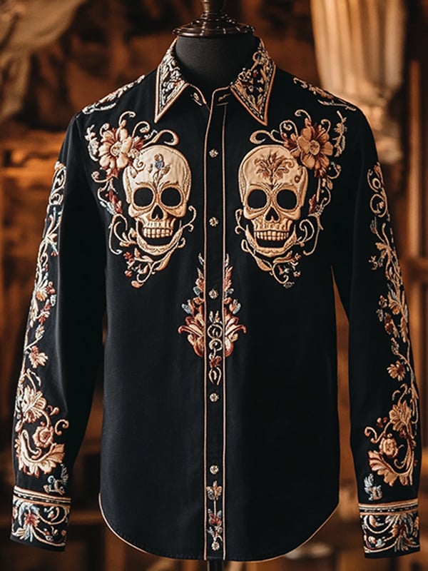 Men's Outdoor Vintage Skull and Floral Print Long Sleeve Shirt
