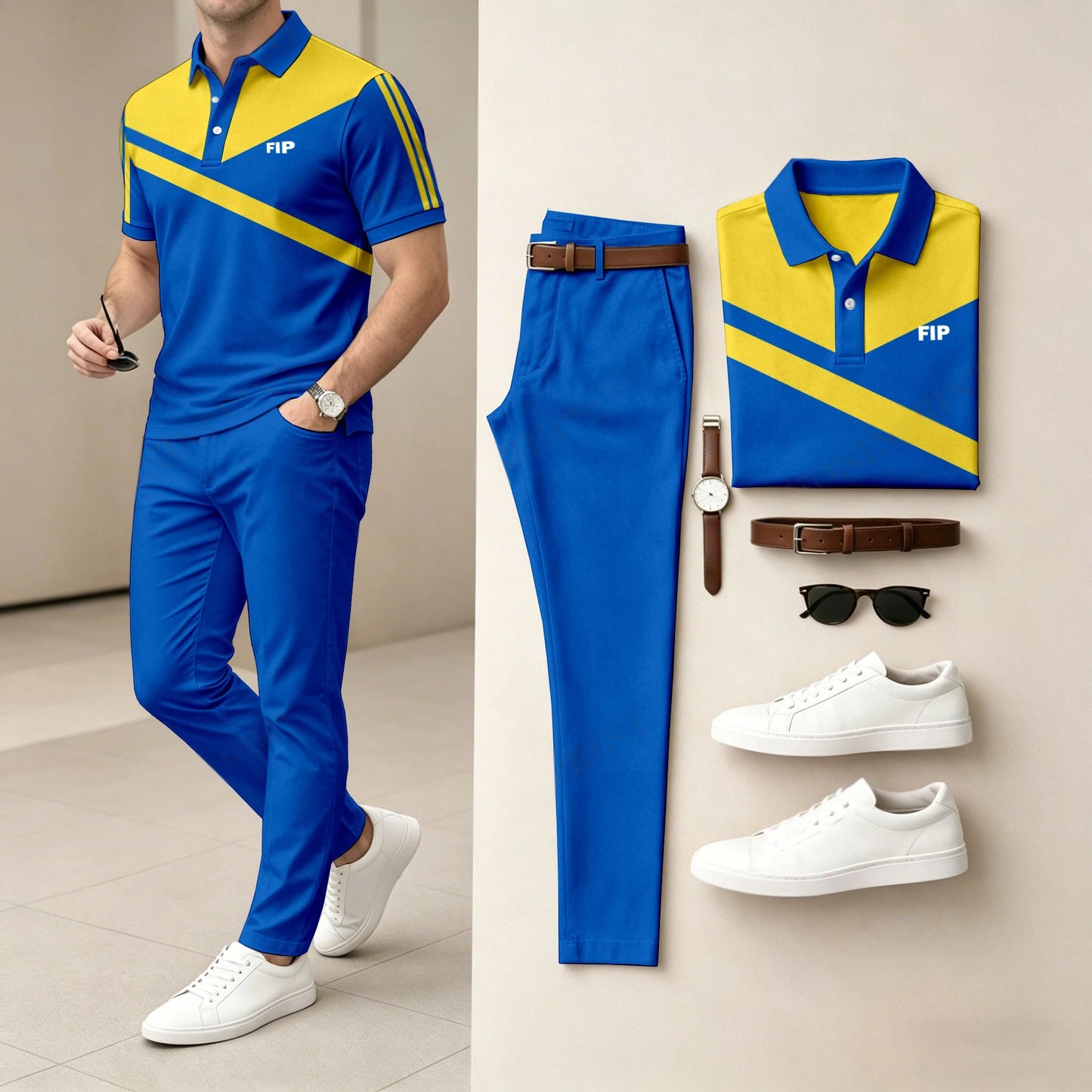 Men's Casual Contrasting Printed Polo Shirt And Pants Two-Piece Set