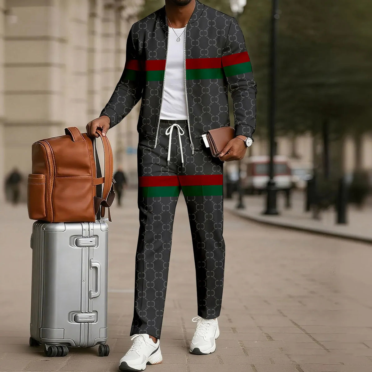 Men's Two-Piece Set: Color-Blocked Printed Zip-Up Cardigan and Pants