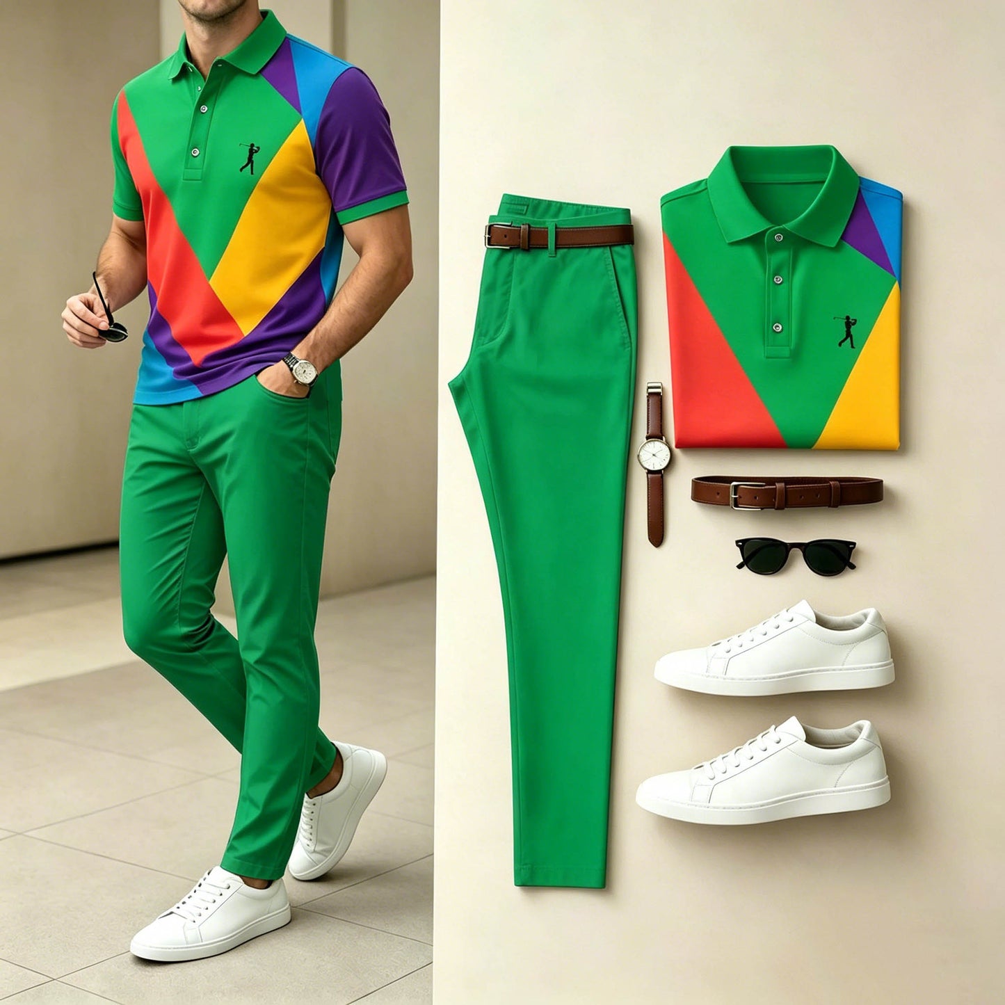 Men's Casual Multicolor Block Printed Polo Shirt & Pants Two-Piece Set