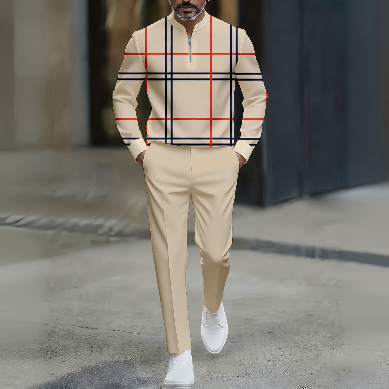 Men's Casual Checked Print Polo Collar Zipper Long-Sleeve Pants Two-Piece Set