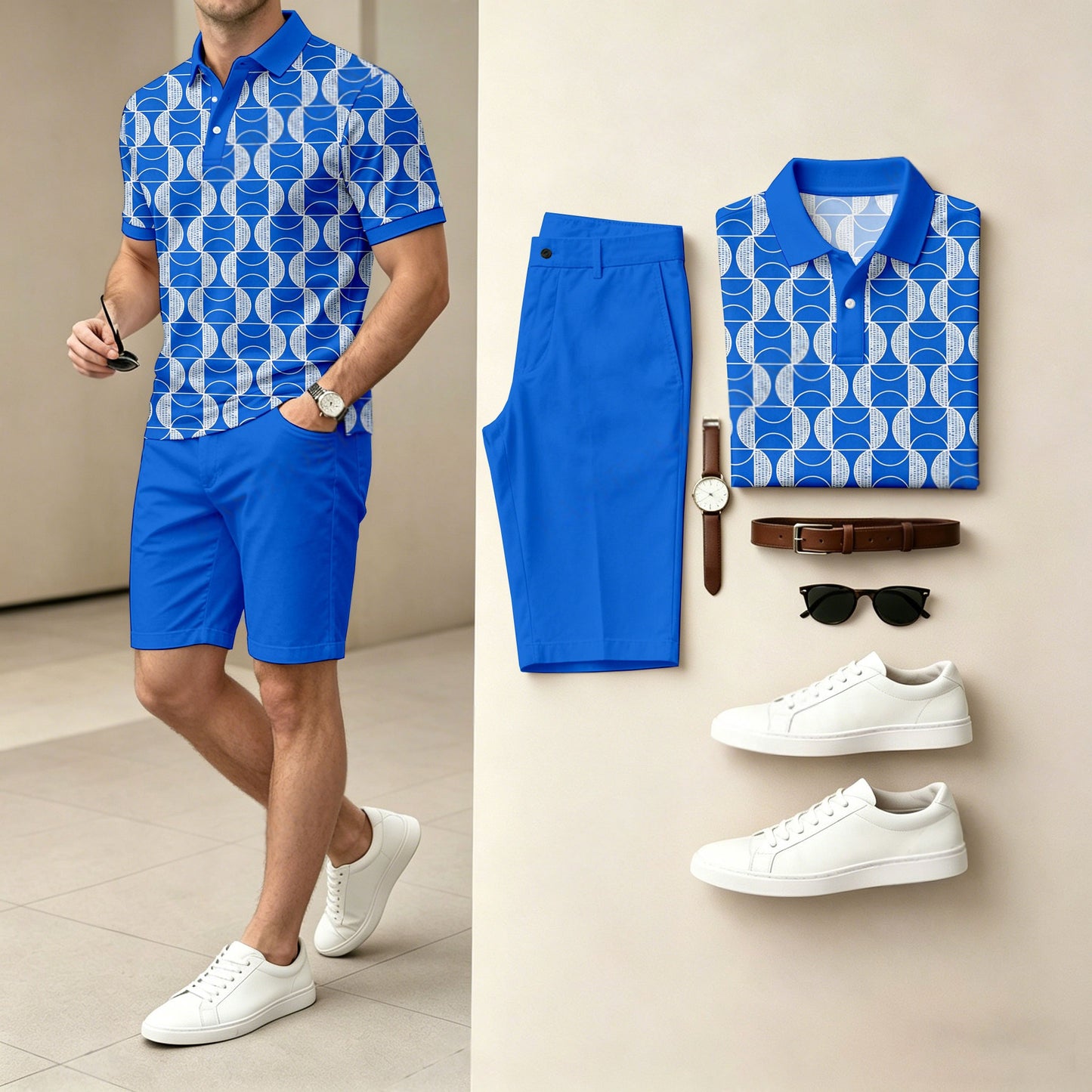 Men's Casual Checkered Print Polo Shirt And Shorts Two-Piece Set (Does Not Include Watch, Belt, Or Accessories)