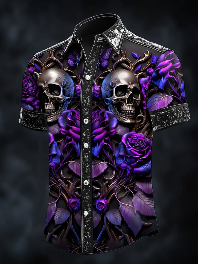 Men's Dark Skull Print Satin Short Sleeve Shirt