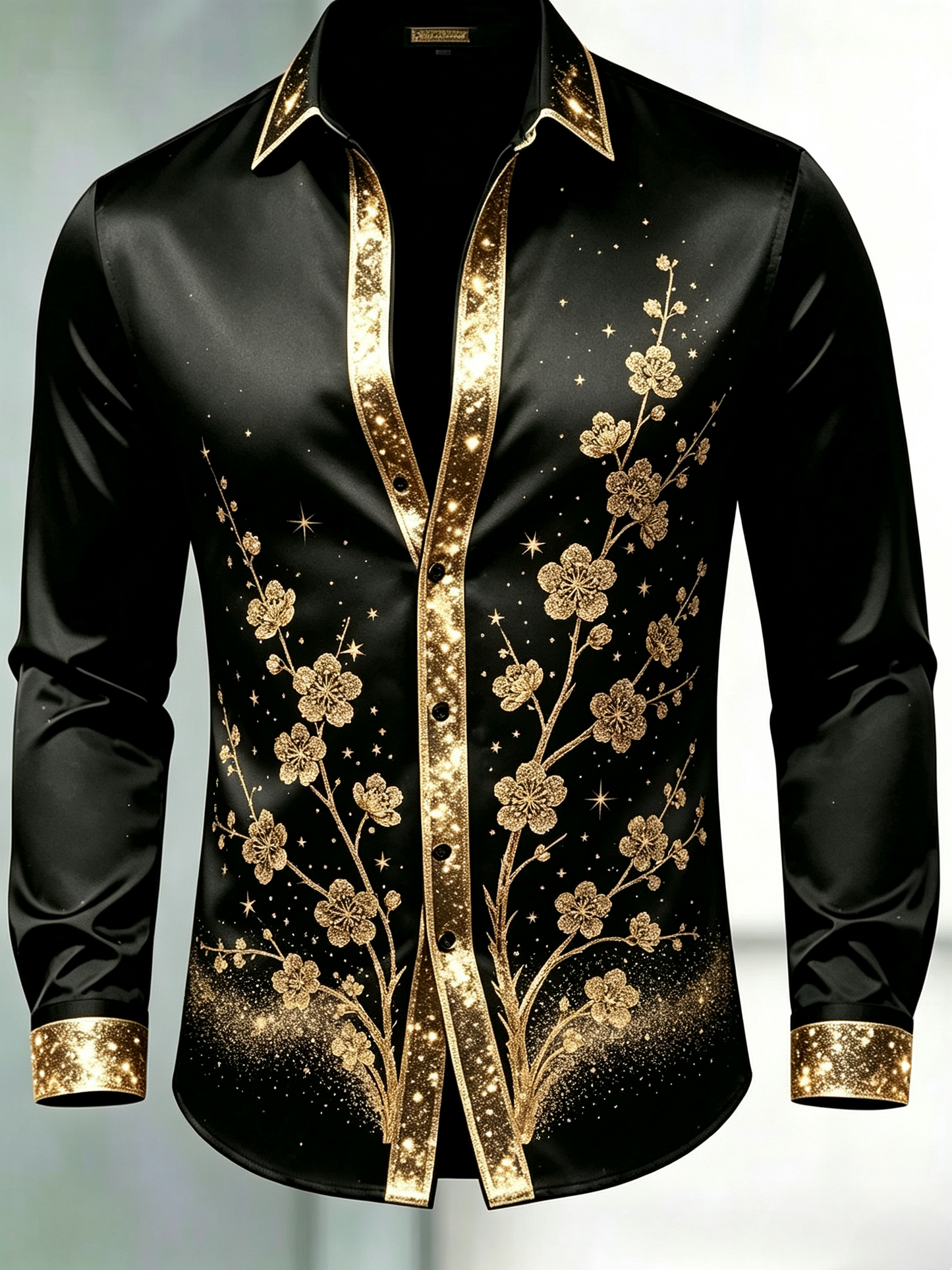 Men's Glitter Gold Trim Star Map Long Sleeve Shirt