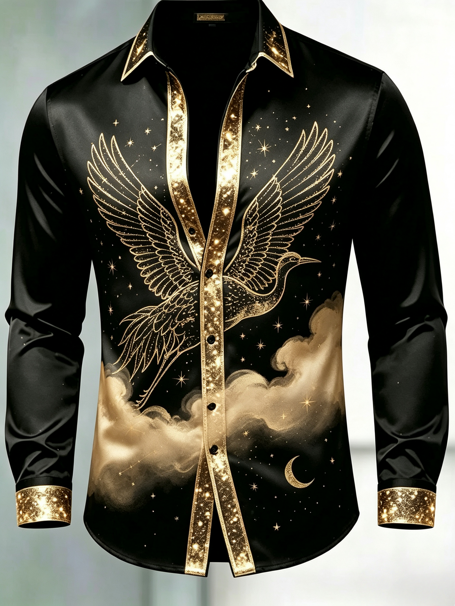 Men's Golden Lunar Phase Long Sleeve Satin Shirt