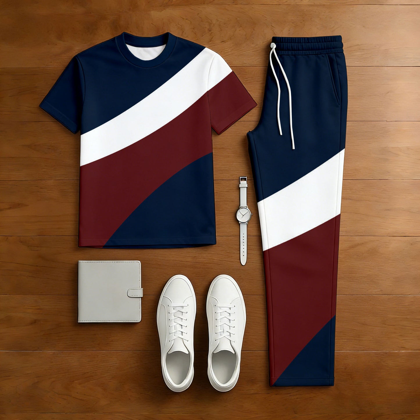 Men's Casual Color Matching Printed Short Sleeved T-Shirt & Trousers Two-Piece Set