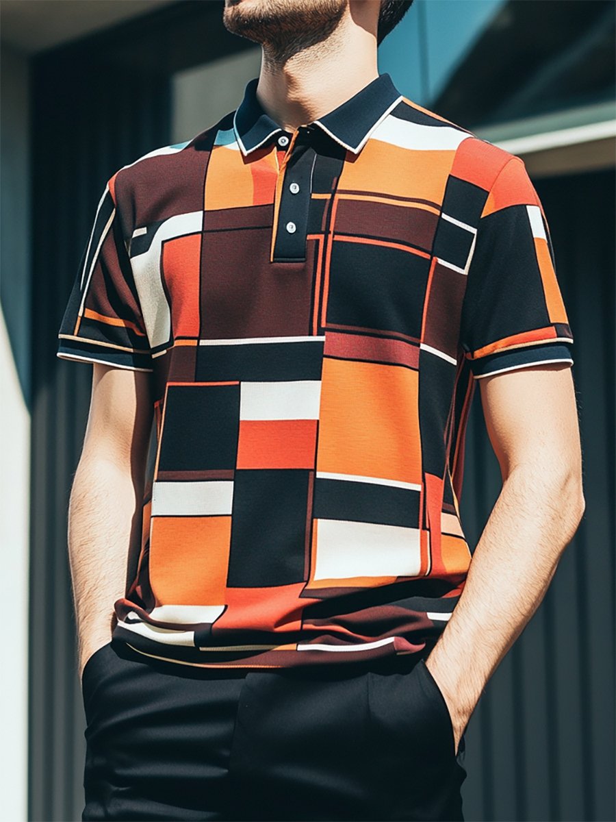 Men's Casual Business Geometric Print Button-Down Short Sleeve Polo Shirt