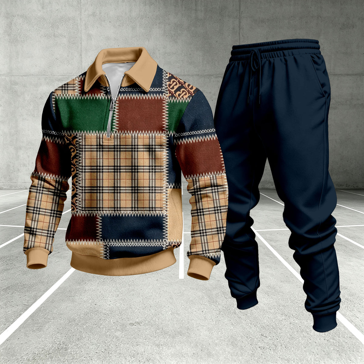 Men's Printed Zipper Polo Shirt and Pants Set