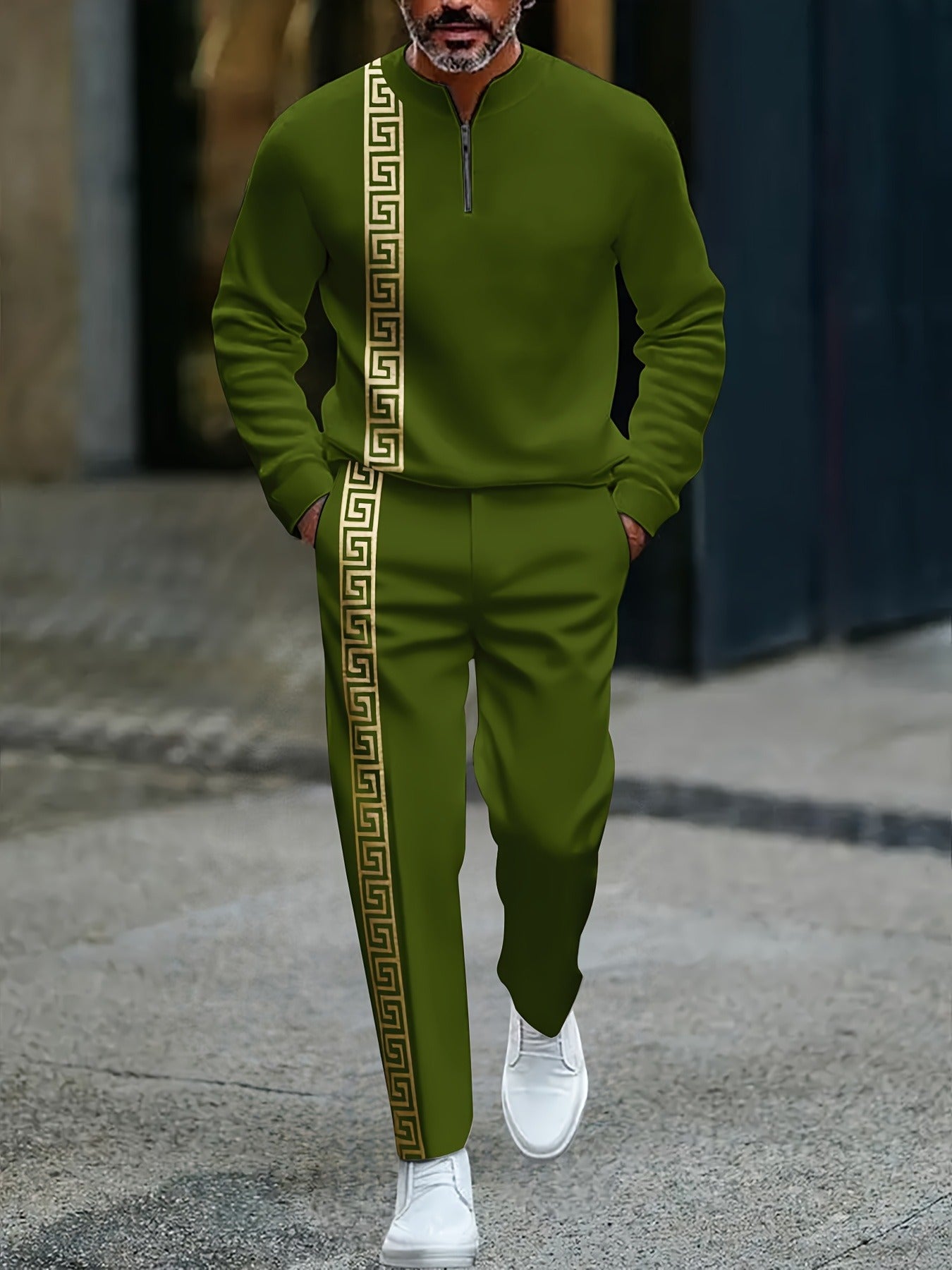 Men's Casual Green & Gold Color Matching Baroque Style Printed Round-Neck Zipper Long Sleeved Sweatshirt & Trousers Two-Piece Set