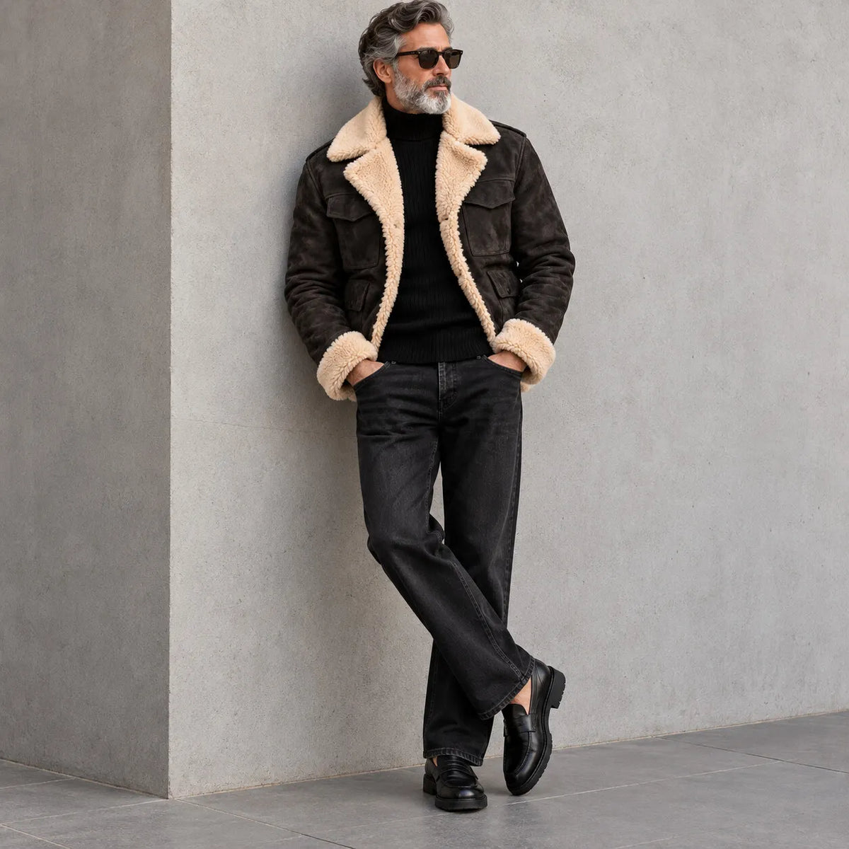Men's Army Green Suede Multi-Pocket Lapel Collar Single Breasted Thickened Warm Jacket