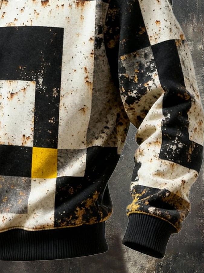 Men's Retro Color Block Print Casual Fur Collar Sweatshirt