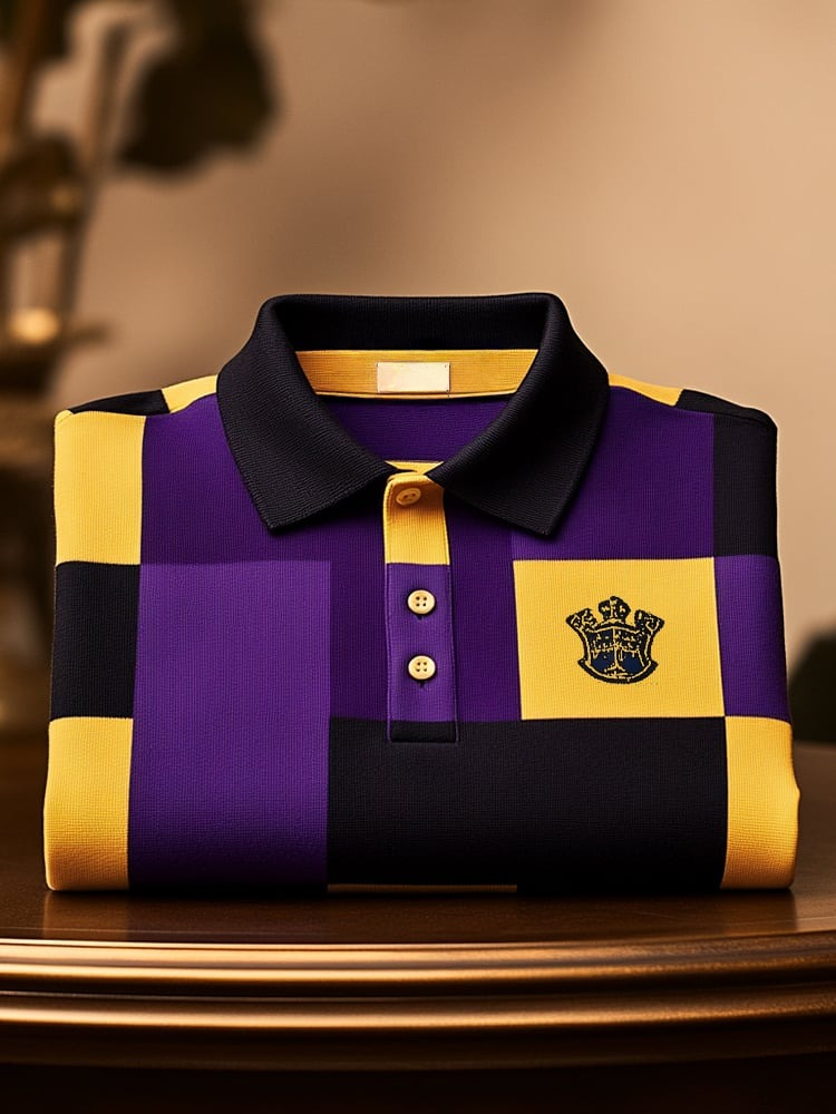 Men's Classic Business Check Logo Button Short Sleeve Polo Shirt