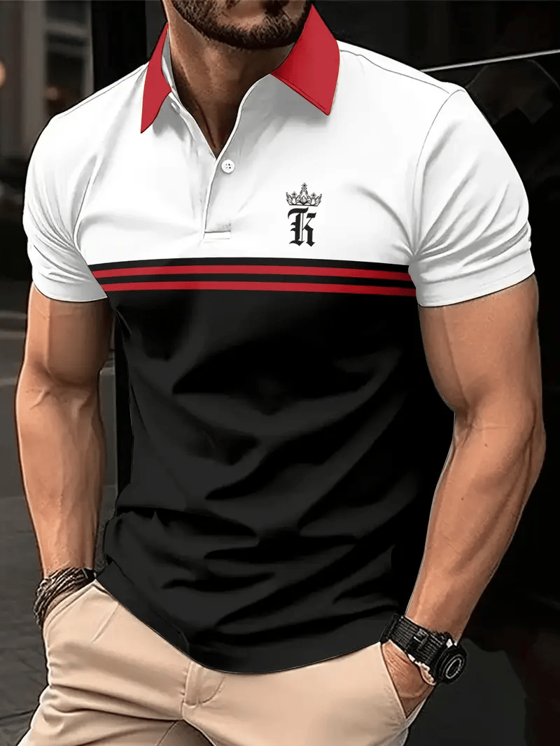 Men's Business Stripe Logo Button-Down Short Sleeve Polo Shirt