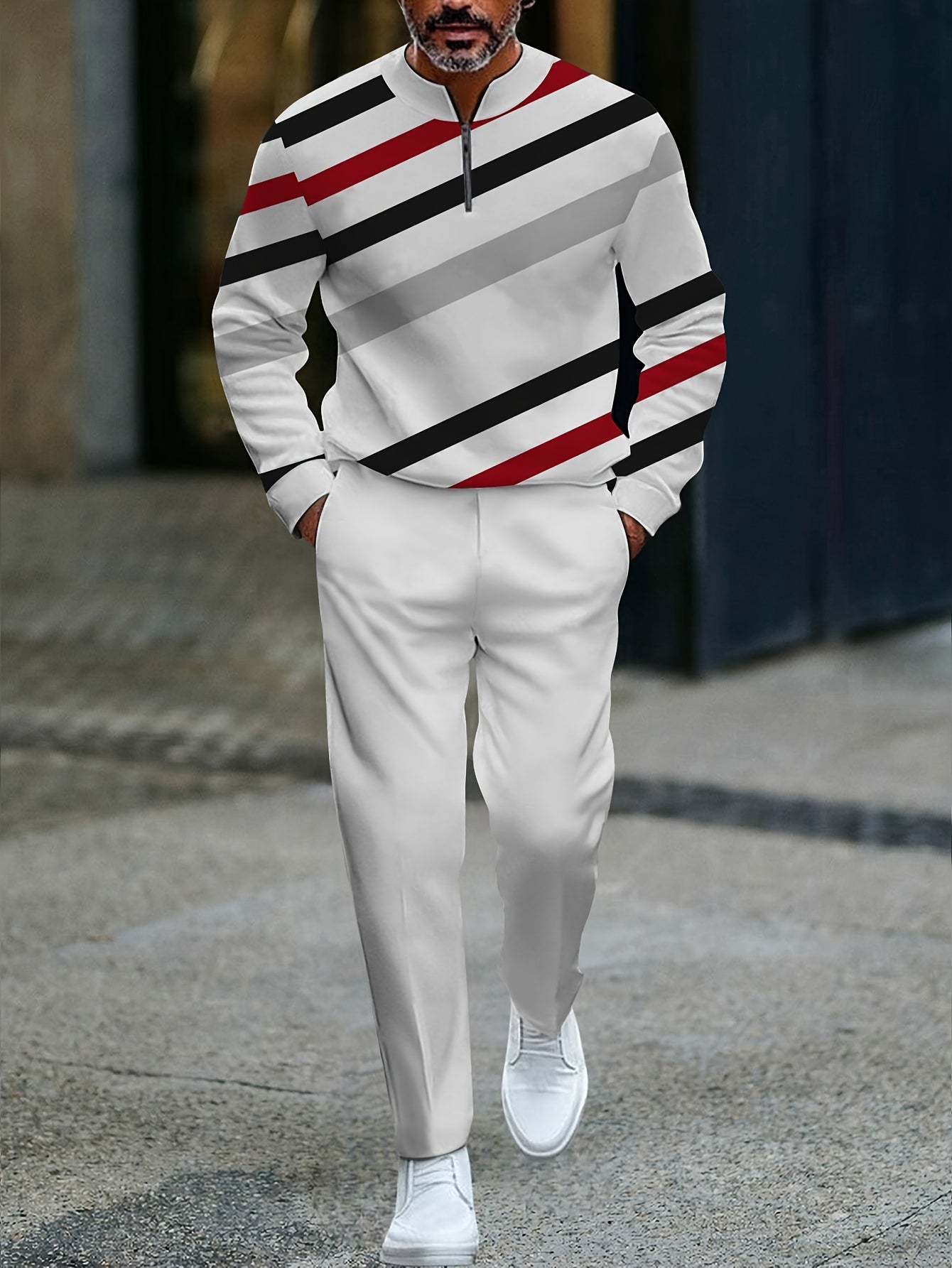 Men's Casual Color Matching Printed Round-Neck Zipper Long Sleeved Trousers Two-Piece Set
