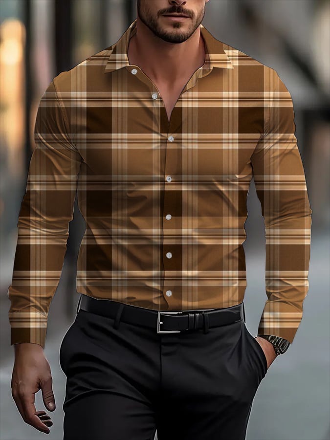 Men's Classic Business Plaid Stripe Print Long Sleeve Shirt