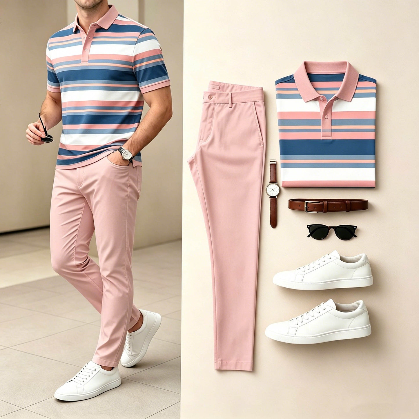 Men's Casual Pink & Blue Color Matching Striped Printed Short Sleeves Polo Shirt & Pants Two-Piece Set