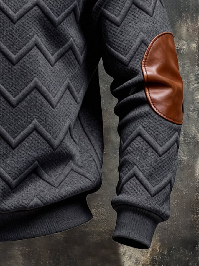 Men's Retro Jacquard Textured Patchwork Comfortable Color-Blocked Zip-Up Sweatshirt