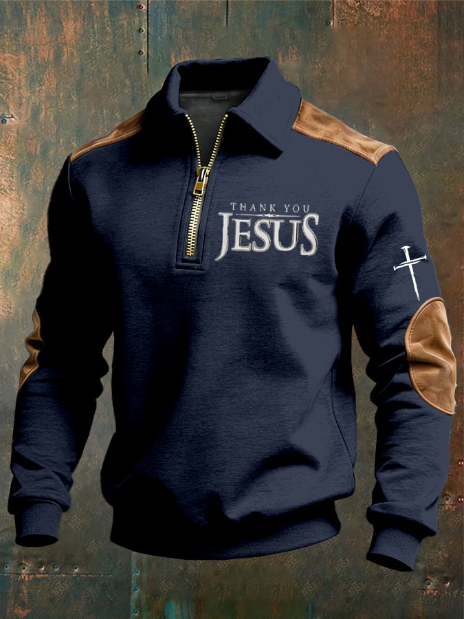 Men's vintage Faith “Thank You Jesus” Design Print Casual Zipper Sweatshirt-Fast Shipping