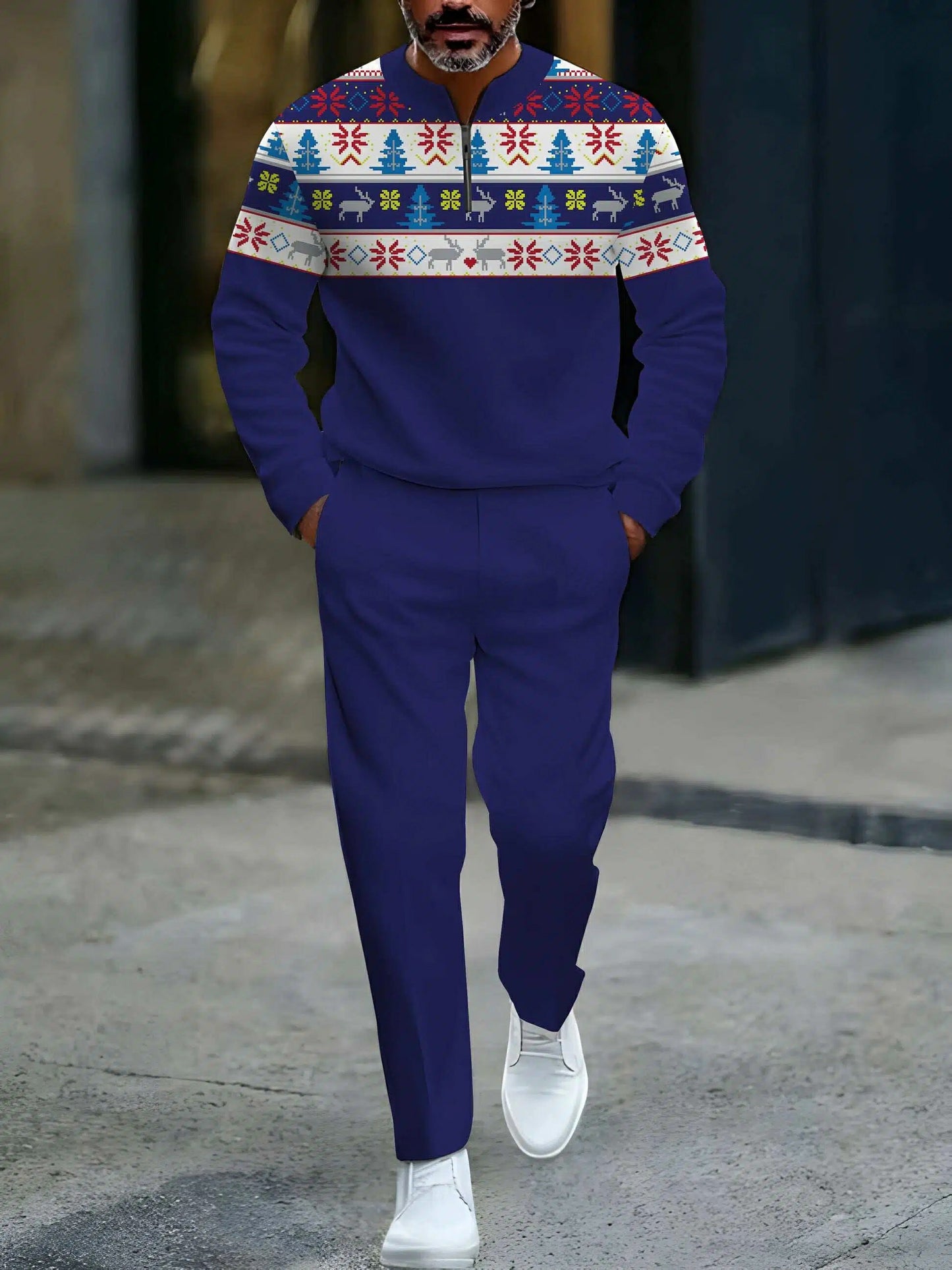 Men's Casual Royal & White Color Matching Christmas Printed Round-Neck Zipper Long Sleeved Sweatshirt & Trousers Two-Piece Set