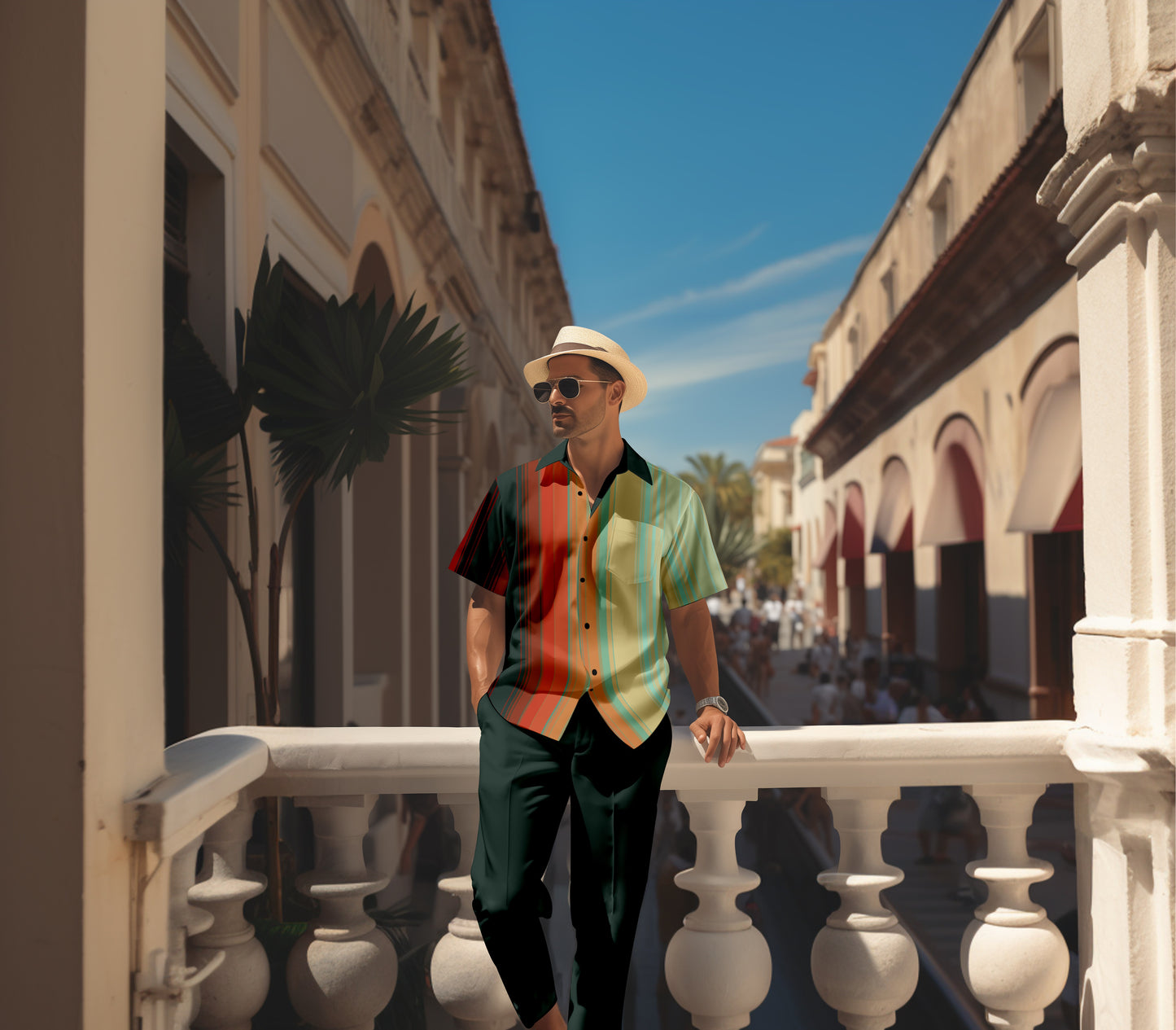 Men's retro colorblock short-sleeved shirt walking Suit 1696