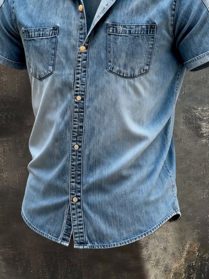 Men's Retro Color Block Denim Short-Sleeve Shirt
