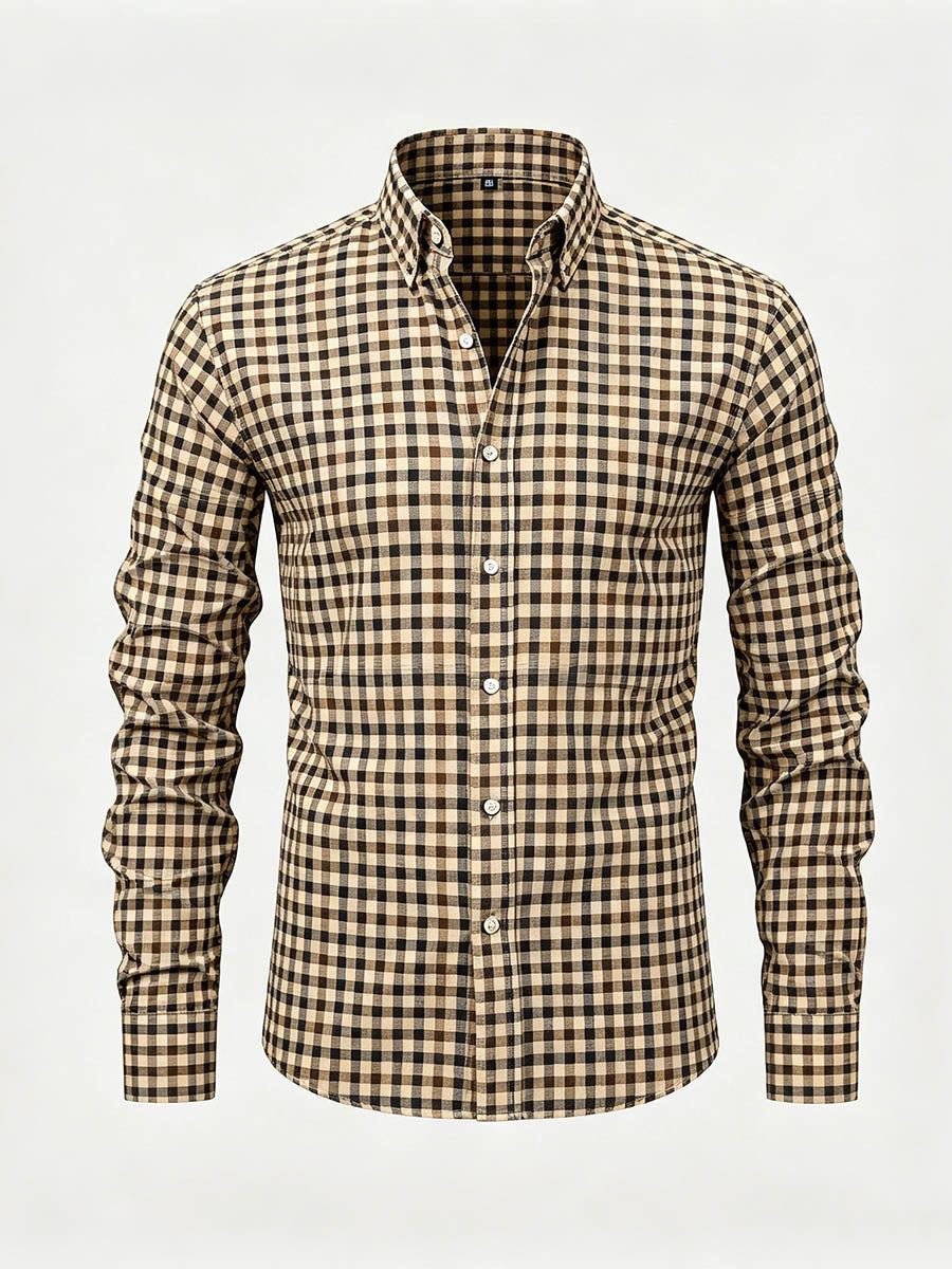 Men's Khaki Color Matching Checkered Printed Long Sleeve Shirt