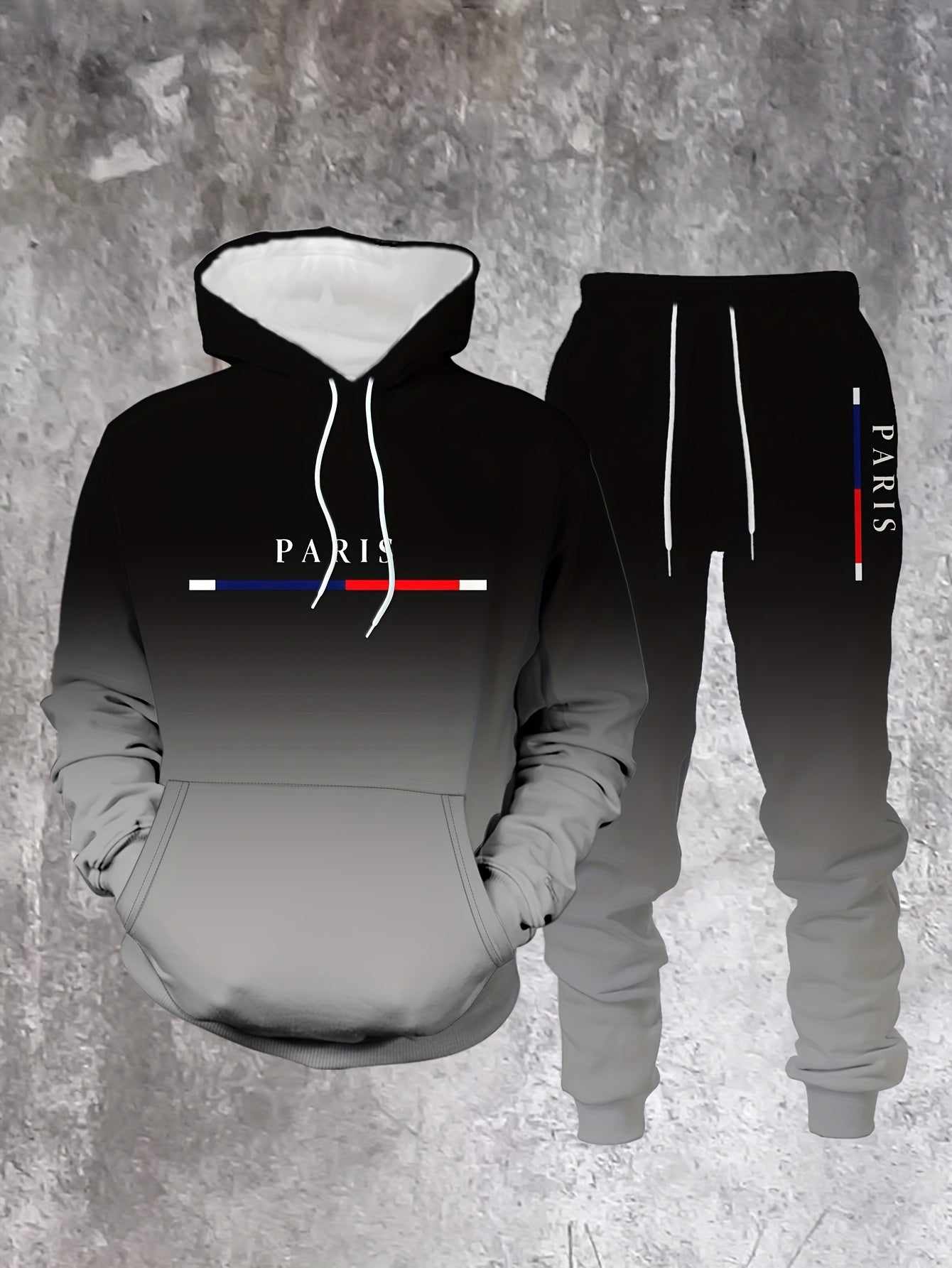 Men's Casual Black Gradient Color Printed Hoodies Long Sleeved Sweatshirts & Sweatpants Two-Piece Set
